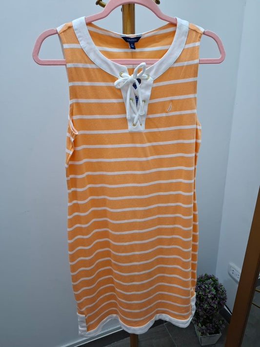 VESTIDO CASUAL DE ALGODON NAUTICA COLOR NARANJA CON RAYAS BLANCAS - TALLA S