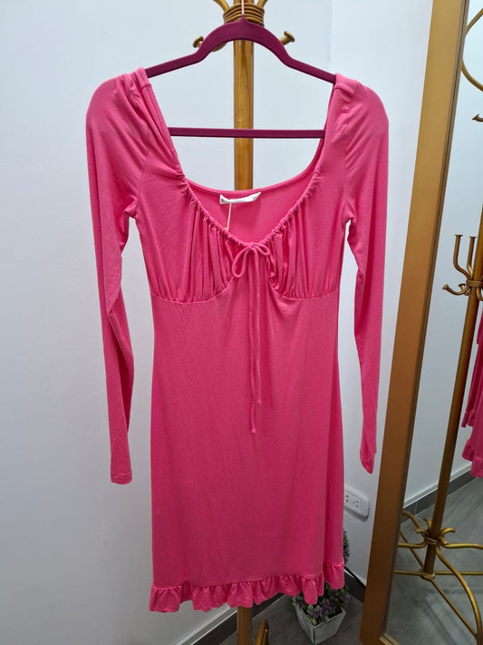 VESTIDO MANGA LARGA DE ALGODÓN MNG COLOR CHICLE - TALLA S