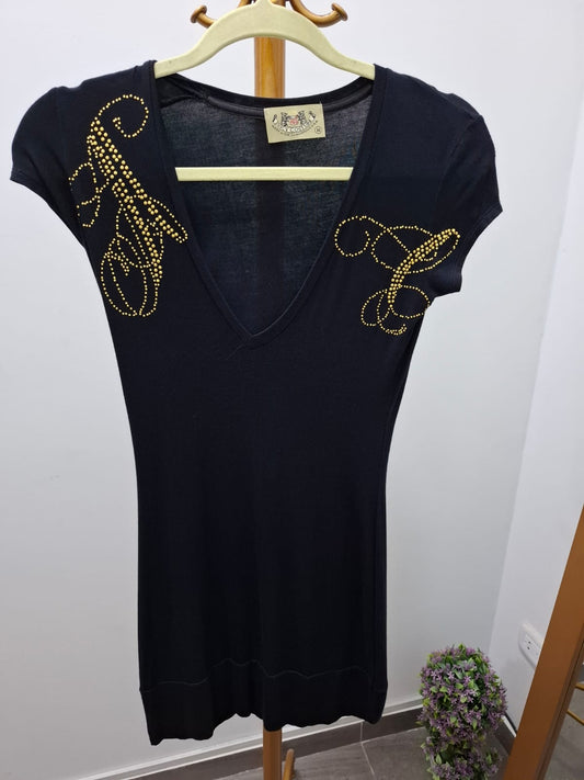 VESTIDO DE ALGODON CON ESCOTE EN V, JUICY COUTURE NEGRO CON PEDRERIA EN LOS HOMBROS - TALLA M