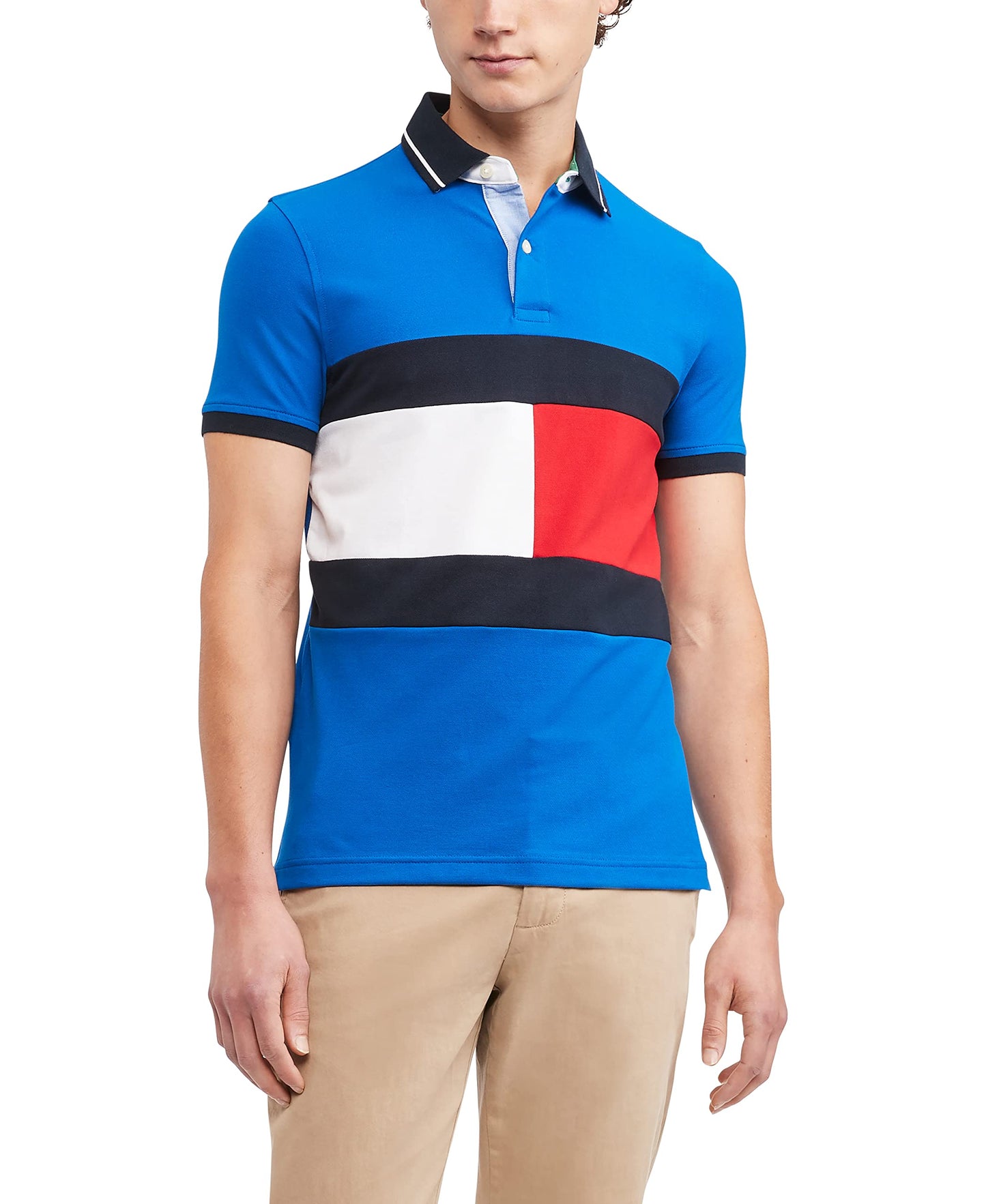 POLO CUELLO CAMISA TOMMY HILFIGER COLOR AZUL CON RAYA ROJA Y BLANCO  - TALLA M