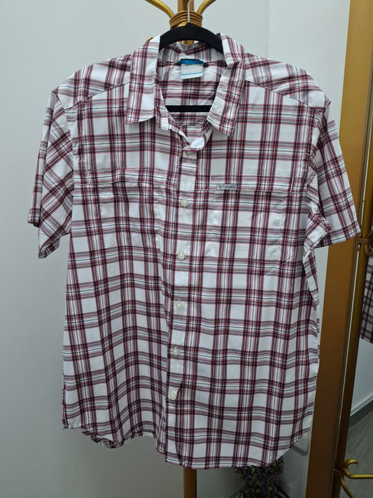 CAMISA MANGA CORTA COLUMBIA COLOR BLANCO CON CUADROS ROJOS - TALLA L