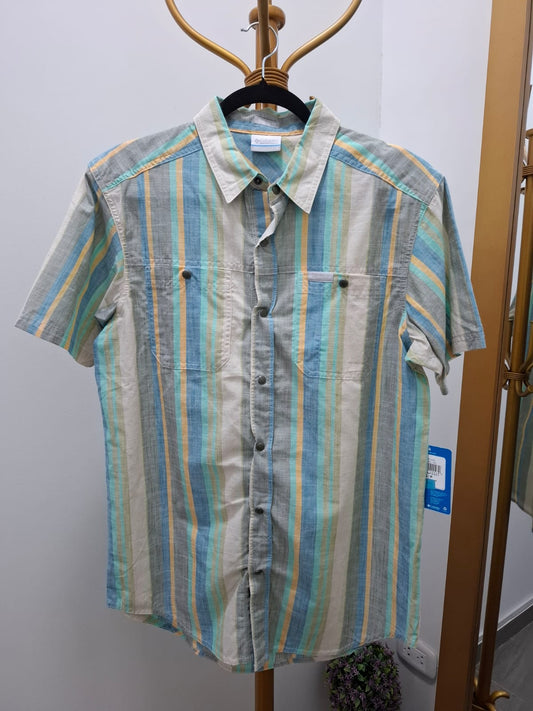 CAMISA MANGA CORTA COLUMBIA A RAYAS COLOR CELESTE, BEIGE Y GRIS - TALLA S