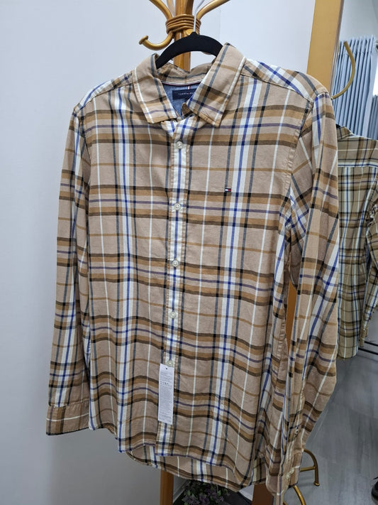 CAMISA MANGA LARGA TOMMY HILFIGER COLOR BEIGE CON CUADROS CAMEL, BLANCOS Y AZULES- TALLA M