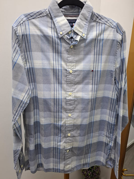 CAMISA MANGA LARGA TOMMY HILFIGER A CUADROS GRISES, BLANCOS Y CELESTES - TALLA M