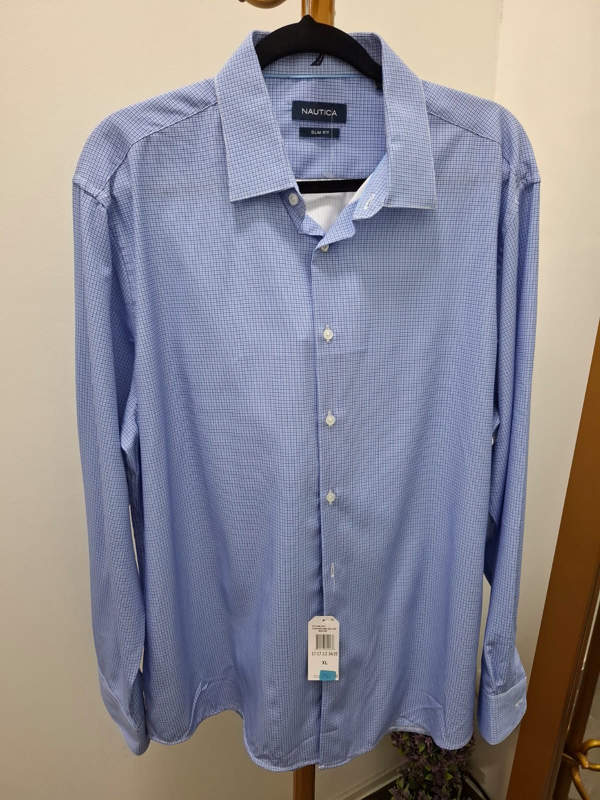 CAMISA MANGA LARGA NAUTICA COLOR CELESTE CON CUADROS AZULES - TALLA XL