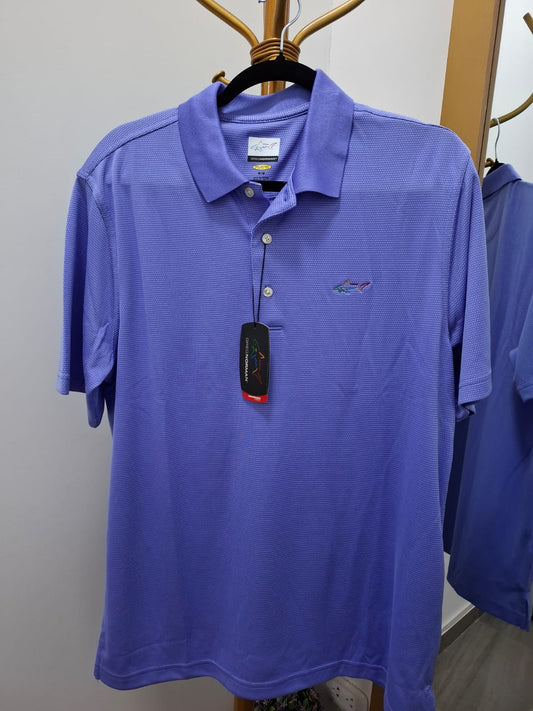 POLO CUELLO CAMISA GREG NORMAN COLOR AZUL JASPEADO CON LOGO EN LA PARTE SUPERIOR - TALLA M