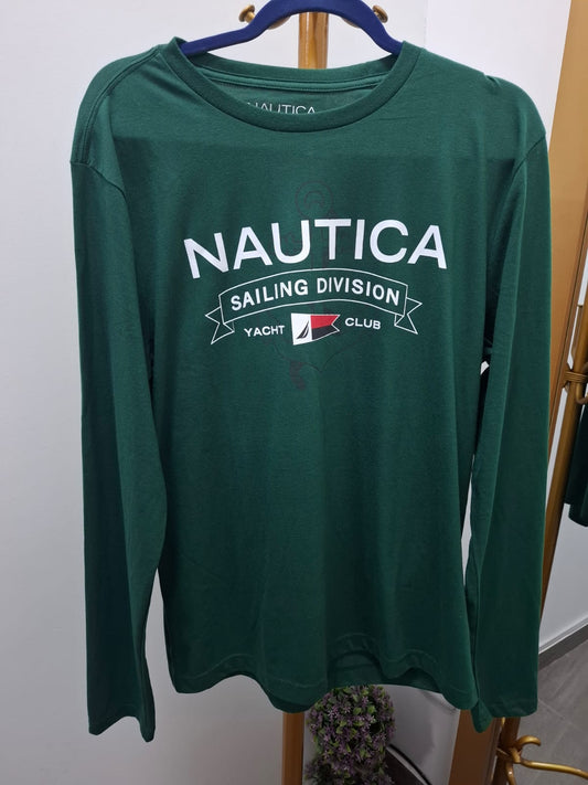 POLO MANGA LARGA NAUTICA COLOR VERDE OSCURO CON LOGO BLANCO - TALLA M