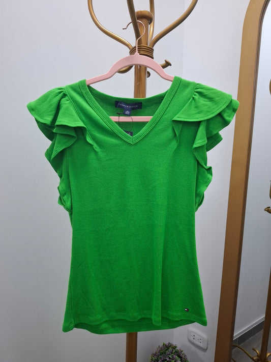 BLUSA TOMMY HILFIGER COLOR VERDE CON BLONDAS EN LOS HOMBROS - TALLA XS