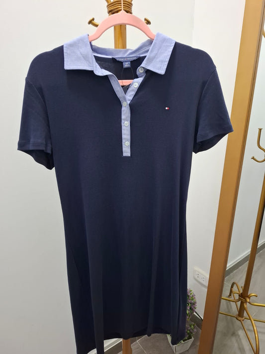 VESTIDO TOMMY HILFIGER COLOR AZUL OSCURO CUELLO CELESTE - TALLA S