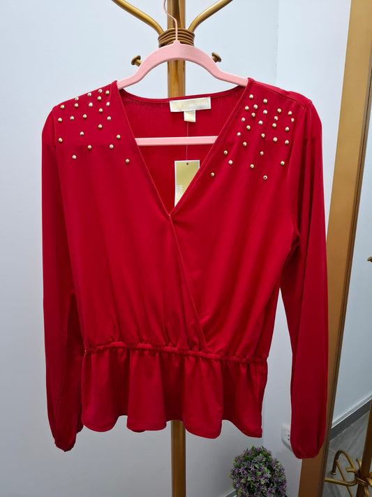 BLUSA MANGA LARGA MICHAEL KORS COLOR ROJO CON APLICACIONES DORADAS EN LOS HOMBROS - TALLA S